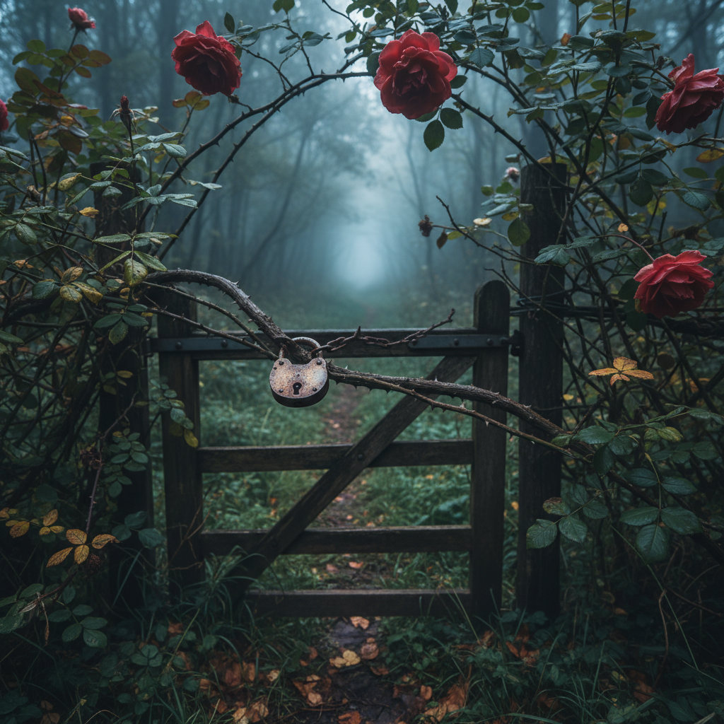 Rustic wooden gate with a rusty padlock, surrounded by red roses in a misty forest.