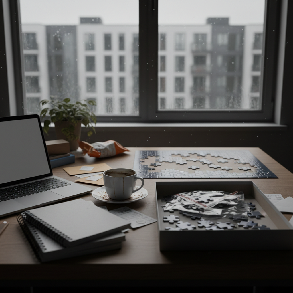 Desk with open laptop, coffee, puzzle, notebooks, and plant by a window on a rainy day.