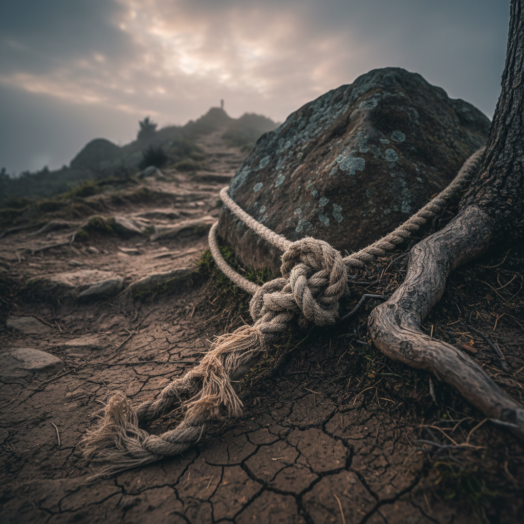 Thick rope tied around a mossy rock, with a knot and frayed end on cracked ground.