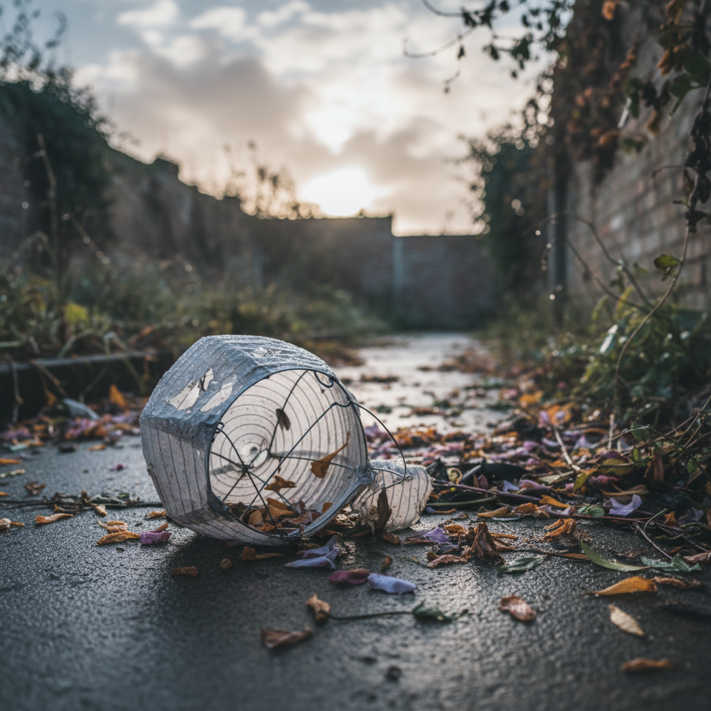 Broken paper lantern with autumn leaves on a wet path at sunset.