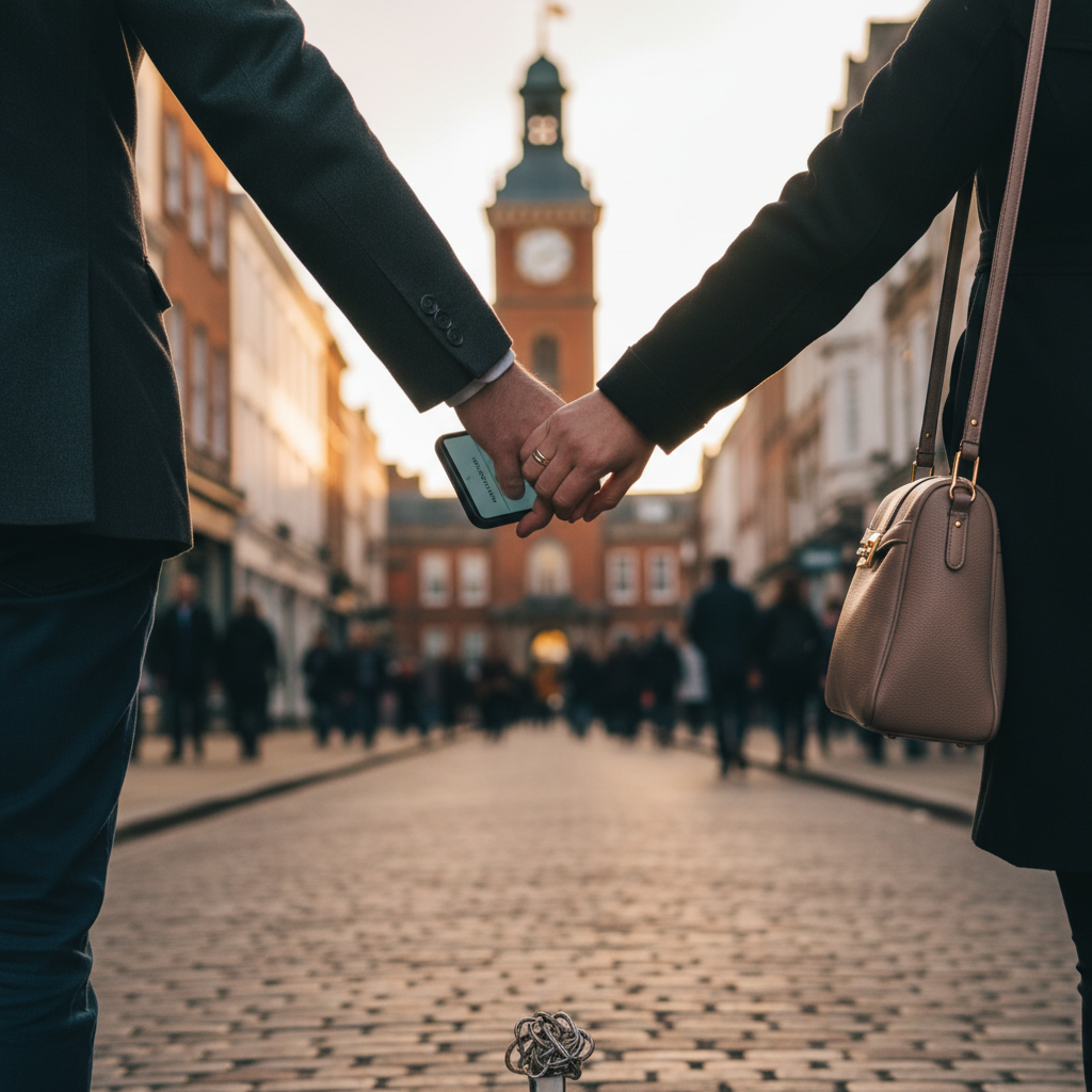 Couple holding hands on a cobbled street, historic clock tower in the background at sunset.