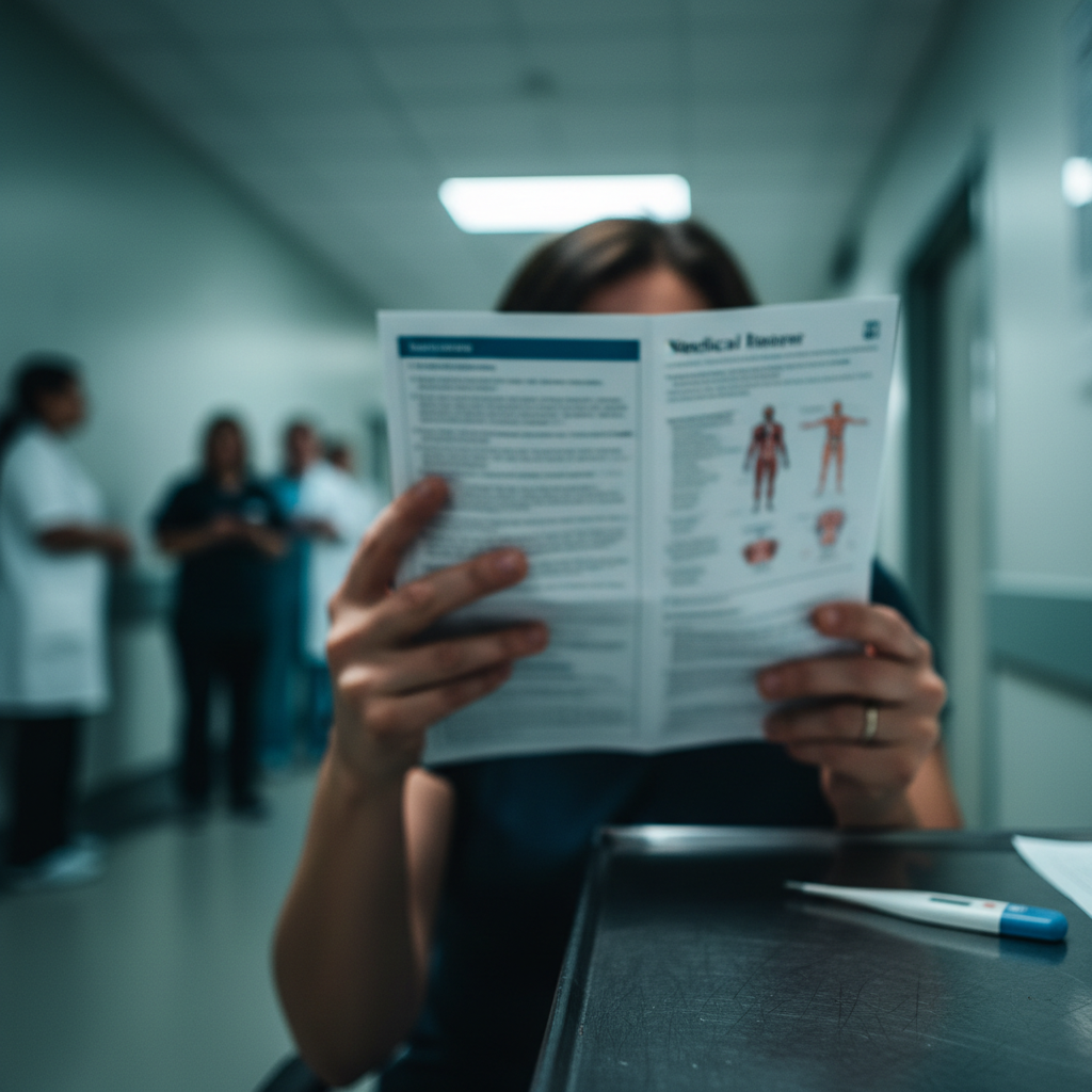 Person reading a medical leaflet with human anatomy diagrams in a hospital corridor.