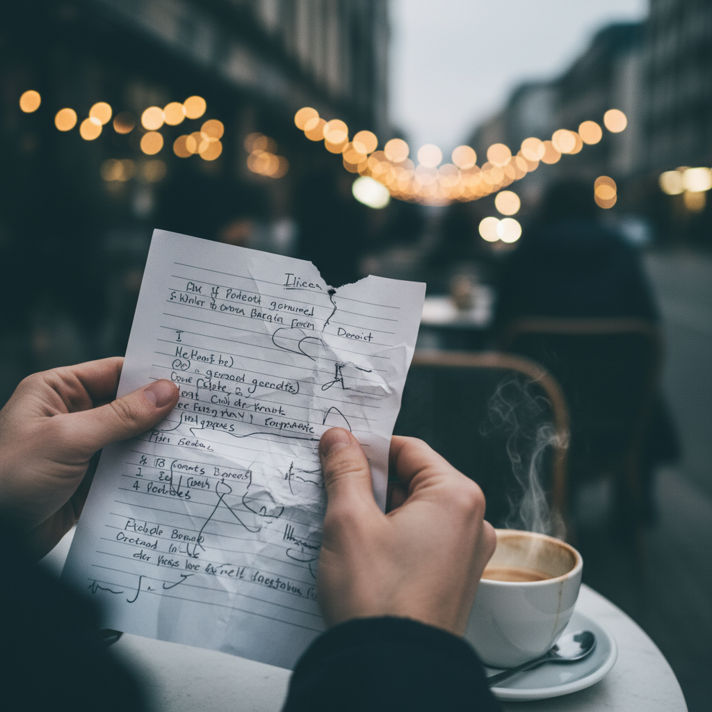 Hands hold a partially torn, handwritten note at an outdoor cafe with string lights.