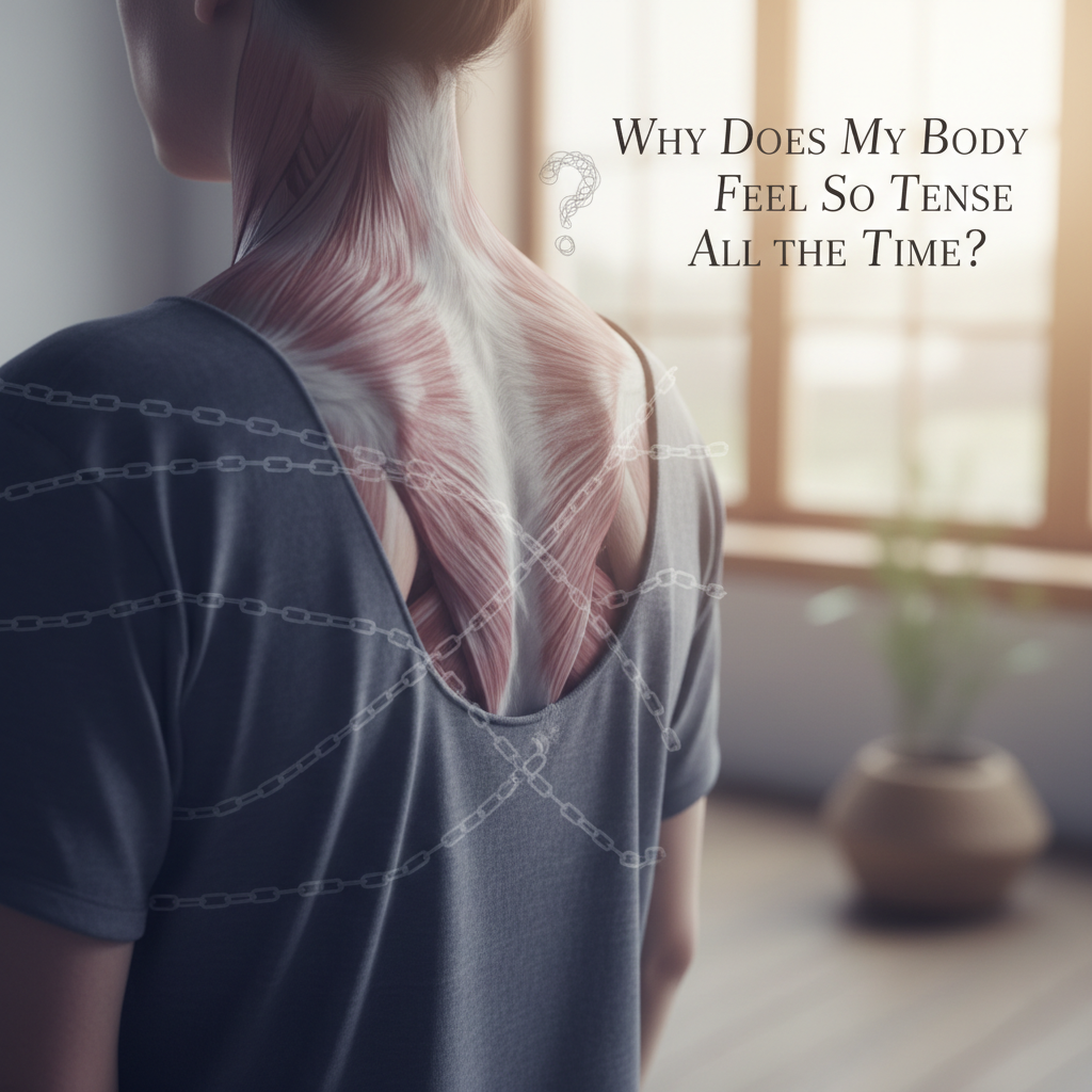 Person's back with visible shoulder and neck muscles, overlaid with chains, feeling tense.
