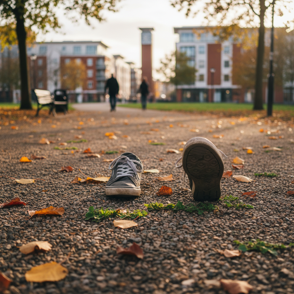Worn grey trainers on a gravel path with autumn leaves and people in background.