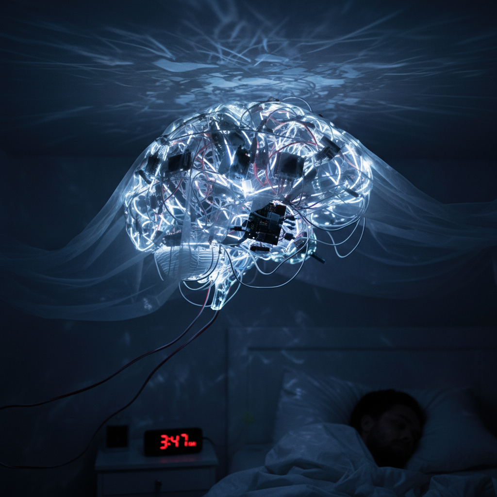 Glowing, circuit-filled brain floating over a sleeping man and digital alarm clock.