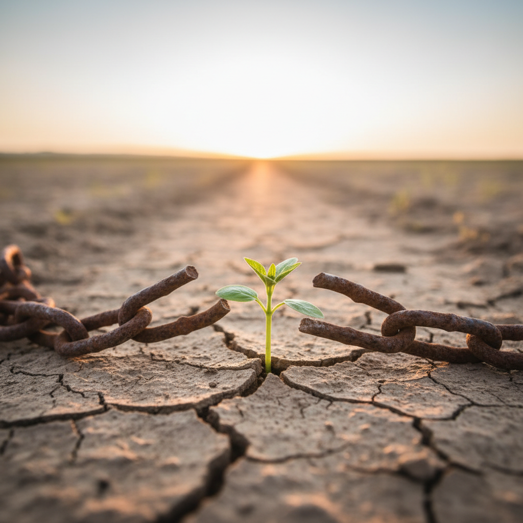 A green seedling grows from cracked dry earth with a broken rusty chain.