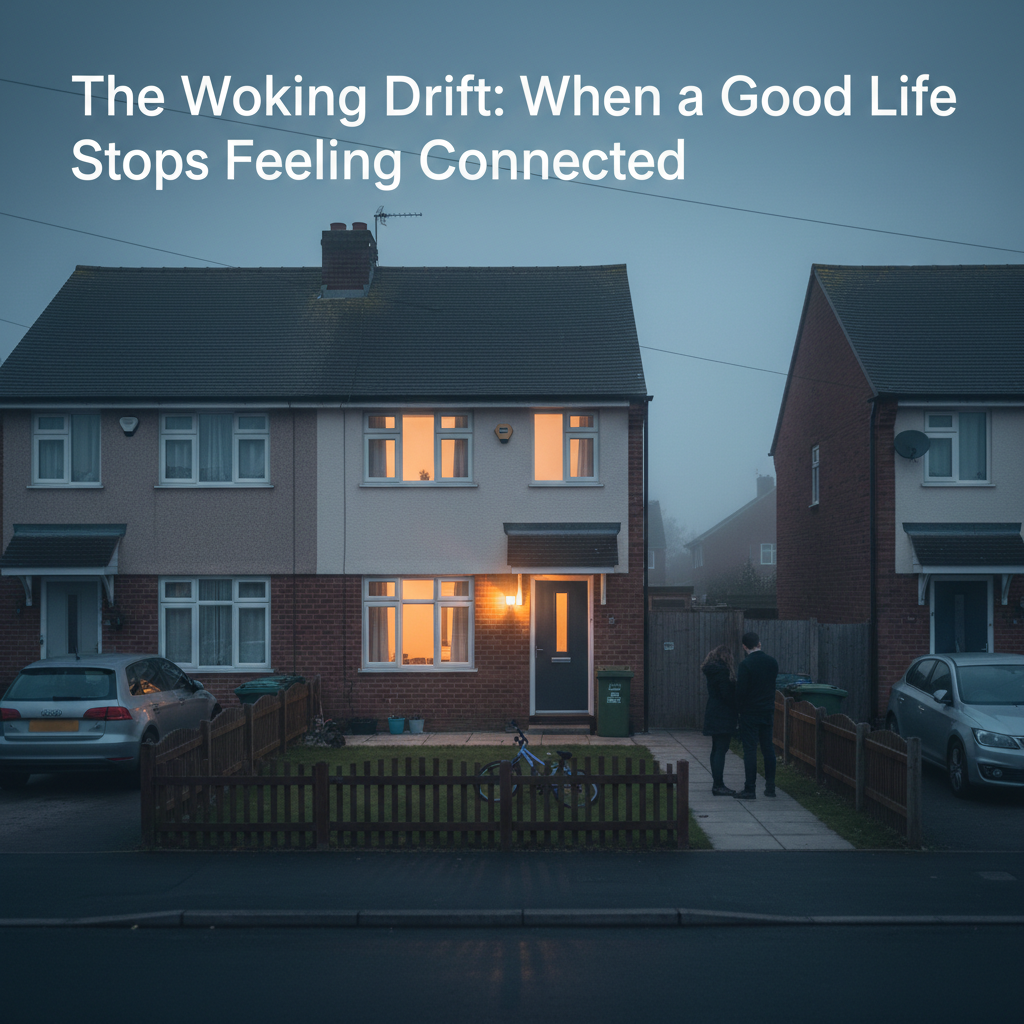Semi-detached houses with glowing windows in mist, a couple stands on the pavement.