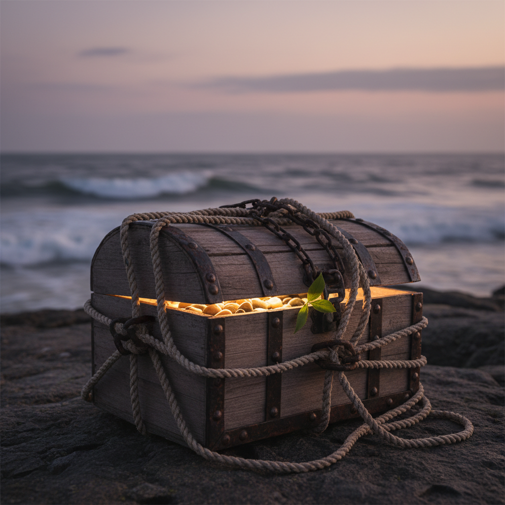 Glowing treasure chest with a plant, rope, and chains on a rocky beach at sunset.