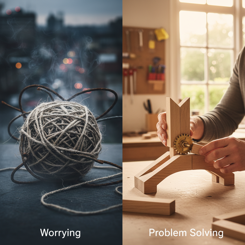 A tangled ball of string and a person building a wooden mechanism.