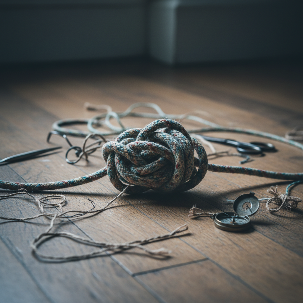 Coiled nautical rope, loose twine, scissors, and a brass compass on a wooden floor.